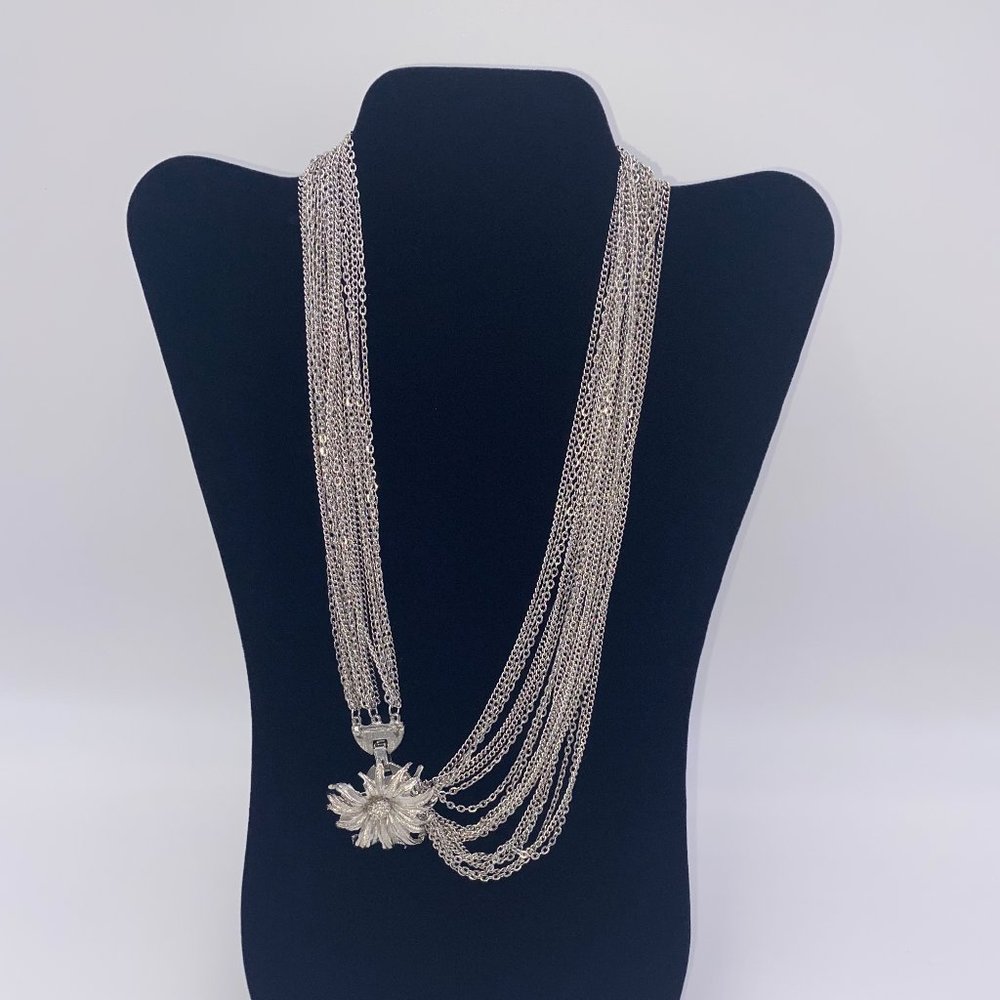 Multi-Strand Silver Tone Statement Necklace & Flower Brooch Pin Pendant Unmarked